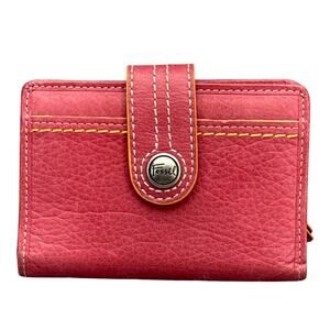 Fossil Pink Pebbled Leather Orange Trim Stitching Snap Closure Wallet